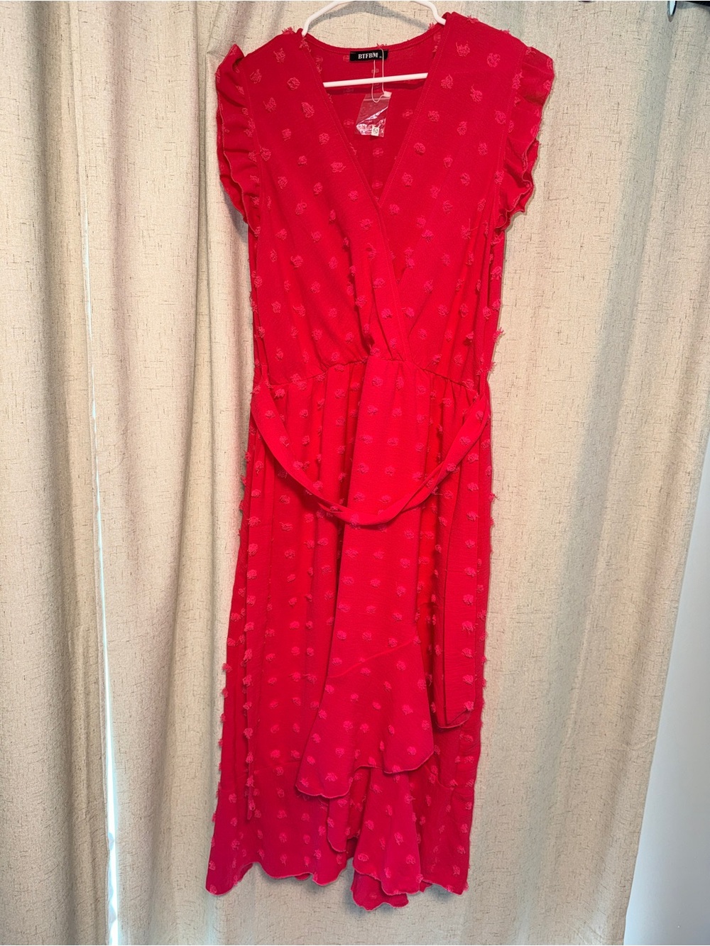 Red-Pink Ruffle Wrap Midi Dress